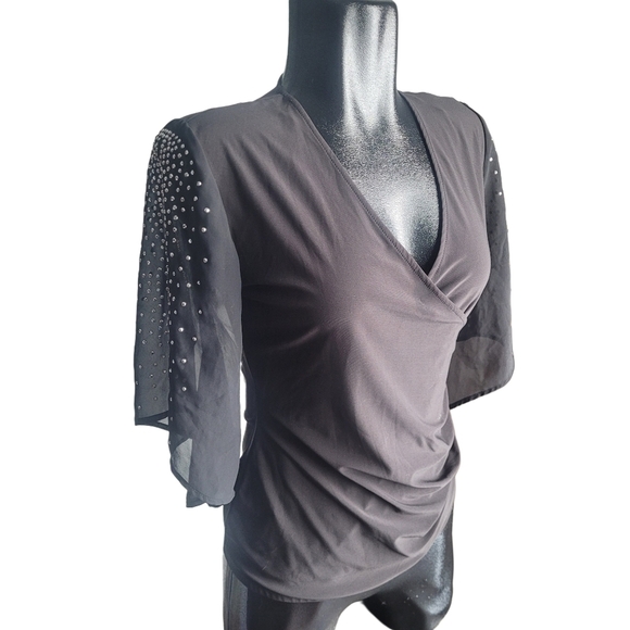 Black Collection Faux Wrap Cropped Bell Sleeve Top S - Picture 3 of 8